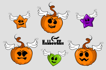 halloween pumpkin with different emotions, set monsters pumpkins, stars and heart