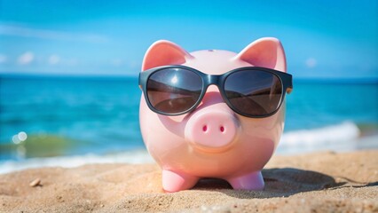 Holiday Budget Piggy Bank with Sunglasses on Beach
