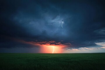 Obraz premium Lightning Storm at Sunset Over Open Field