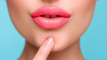 A woman with a pink lip is shown with her finger on her lips. Concept of mystery and secrecy, as if the woman is trying to keep her lips hidden from view