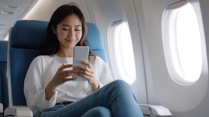 Fototapeta premium Young Woman Using Smartphone During Airplane Flight