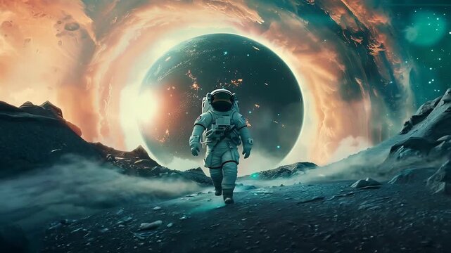 Astronaut exploring alien moon landscape with vibrant space backdrop