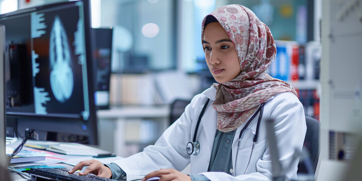 A female doctor in a hijab is working on a computer in a hospital setting, examining medical data.. asian woman