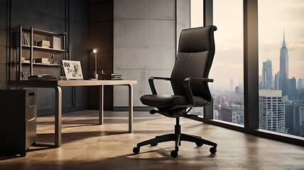 Create a mockup of a high-back office chair with adjustable features, placed in a modern office with soft, warm lighting and a clean, minimalist design.
