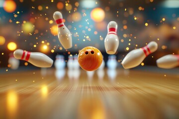 Dynamic Bowling Scene with Ball Hitting Pins