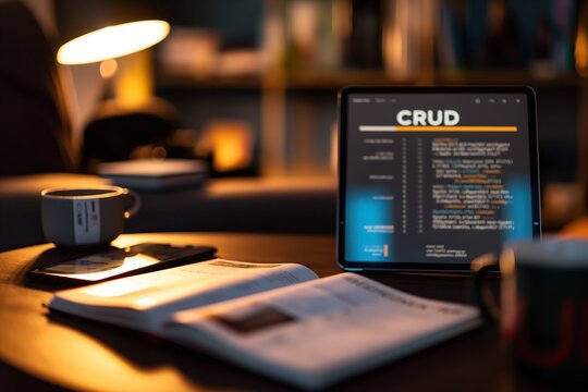 Cozy workspace with coffee, coding on tablet screen, evening atmosphere