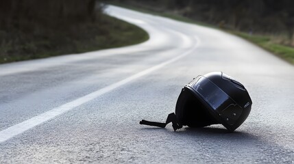 Fototapeta premium A black motorcycle helmet lies on the asphalt of a winding road, suggesting a potential accident or a rider's pause.