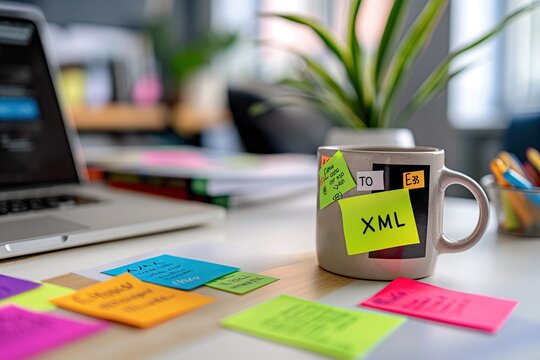 Tech office desk, coffee mug with XML sticky notes, developer workspace. Organized coding area, colorful post-its, productive environment, modern