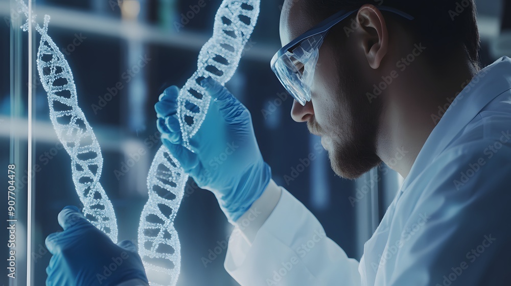 Poster a scientist examines a glowing model of a dna helix in a laboratory setting.