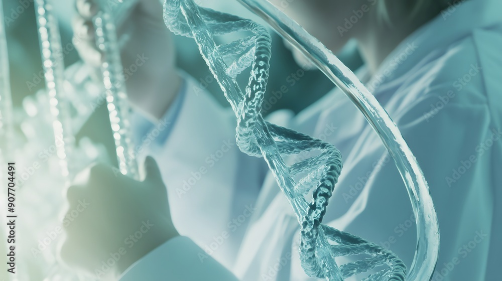 Poster a close-up shot of a dna model held by a scientist. the model is made of glass and is illuminated by