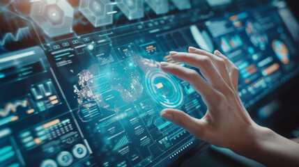 A detailed shot of a high-tech touchscreen, with illuminated data visuals and a hand navigating through complex cyber information, showcasing advanced technology.
