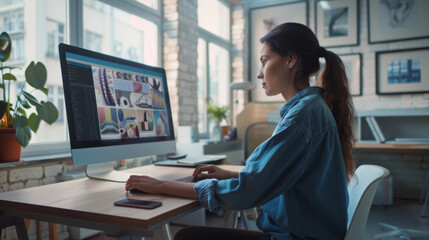 A woman focused on her computer screen in a modern workspace filled with natural light and creative art on the walls.