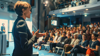 A woman gives a speech to a large audience in a modern, well-lit conference room, engaging the crowd with her presentation.