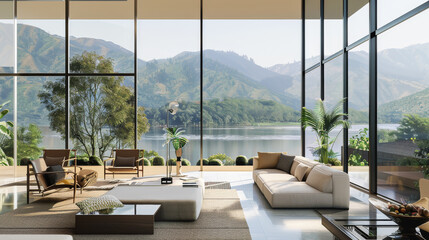 A luxurious open space living room with panoramic mountain views through expansive glass walls, surrounded by nature.