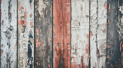 Close-up of a rustic, weathered wooden wall with varied paint colors, displaying a unique and textured aesthetic.