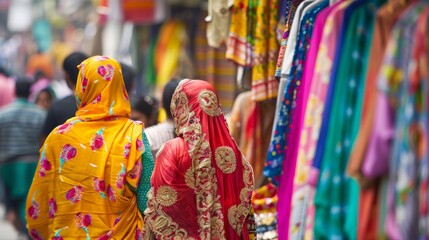Imagine a vibrant marketplace in Dhaka, where colorful saris and traditional Bangladeshi outfits are prominently displayed.