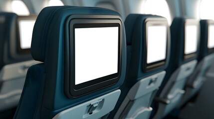 Close-up view of airplane seats with blank screens in the headrests, offering a sleek and modern travel experience.
