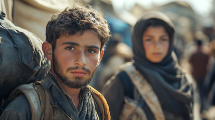 Fototapeta premium Intense look of a young male migrant standing with a girl in a refugee camp. They wear worn clothes and backpacks. Blurred and unclear background.