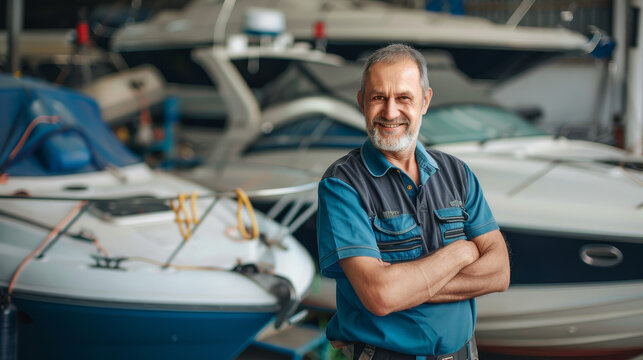 A confident man in a blue mechanic jumpsuit stands with arms crossed, smiling in front of sleek boats in a modern marina, showcasing pride in his work.