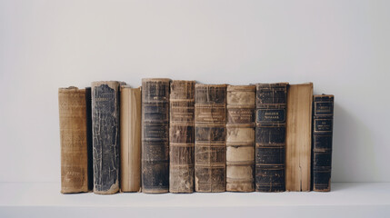 A row of various antiquarian books on a shelf, showcasing their weathered covers and faded text, evoking a sense of history and literary heritage.