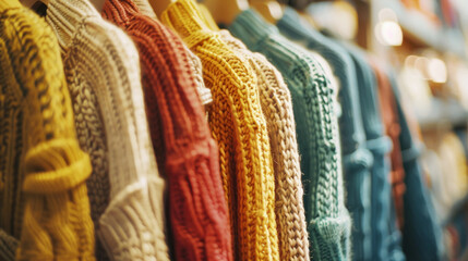 A row of variously colored knitted sweaters displayed side-by-side creates a cozy and inviting showcase of texture and warmth.