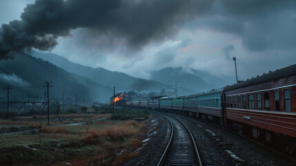 Fototapeta premium A steam-engulfed train moves on curved tracks, smoke billowing into dramatic mountain-filled scenery with an intense, atmospheric vibe.