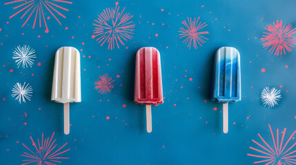 Three colorful popsicles (vanilla, strawberry, and blueberry) are arranged against a blue background with red and white firework patterns.