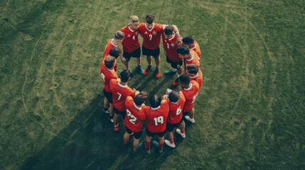 A top-down view of a team of soccer players in red jerseys, standing united in a circle, hands on shoulders, bonding before a game on a green field.