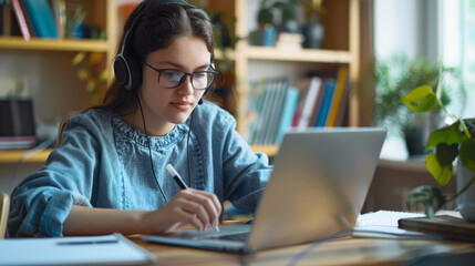 A young girl with glasses and headphones is absorbed in her laptop screen, jotting down notes in a notebook in a cozy, sunlit study area filled with plants and books.