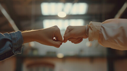 Two hands touch in a friendly fist bump under soft industrial lighting, symbolizing mutual respect and camaraderie.