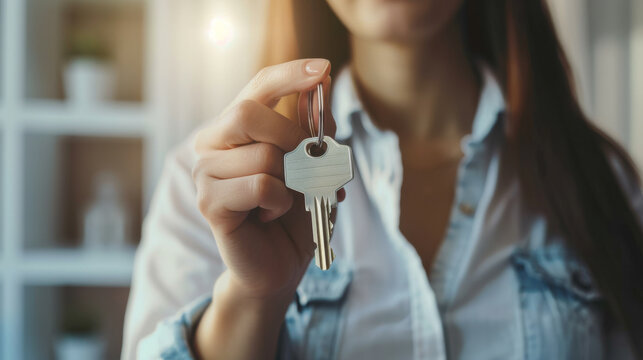 A woman in a casual denim jacket proudly holds up a single house key, representing a new home or major life milestone.