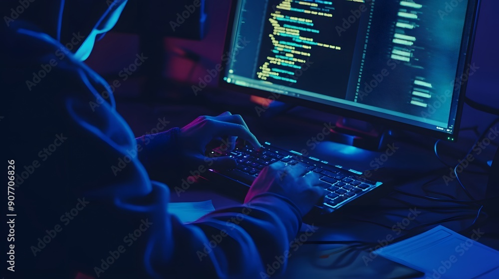 Poster a person in a dark hoodie sits in front of a computer, typing on the keyboard. the monitor displays 