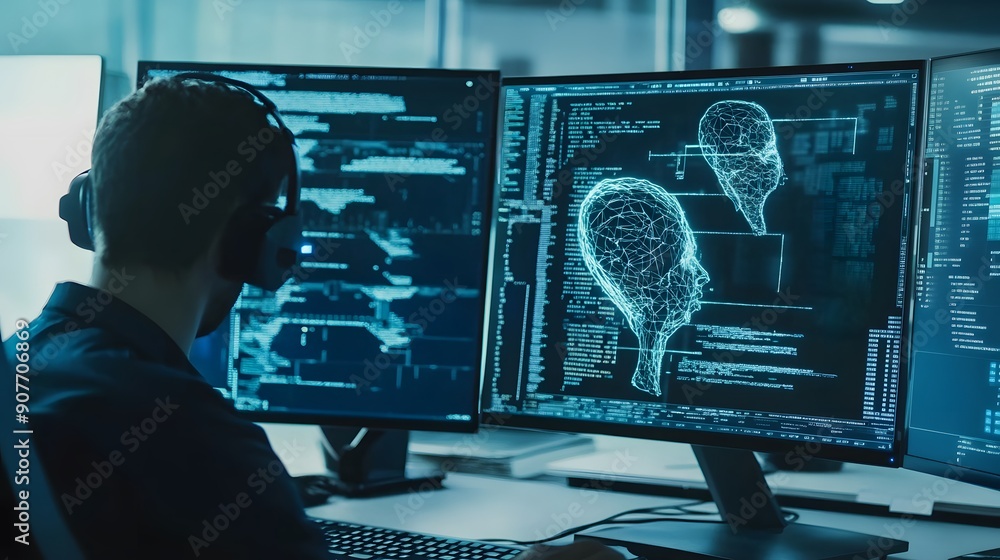 Poster a person wearing headphones sits in front of a computer screen displaying code and a digital renderi