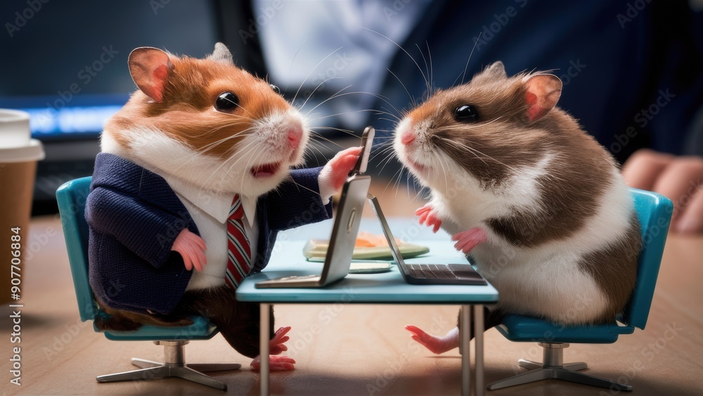 Poster two hamsters sitting at a desk with one holding the mouse, ai