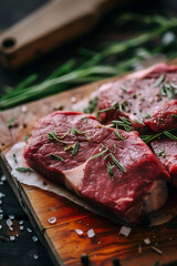 Raw steaks on a wooden board