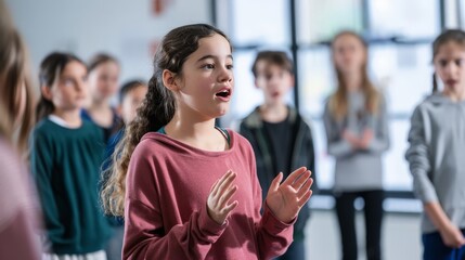 In a drama class, students rehearse for a school play. The teacher directs them with passion, helping them develop confidence and performance skills.