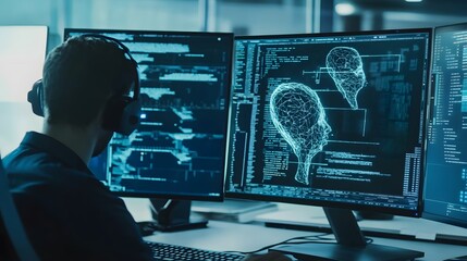 A person wearing headphones sits in front of a computer screen displaying code and a digital rendering of a human brain. 