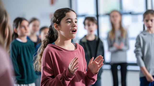 In a drama class, students rehearse for a school play. The teacher directs them with passion, helping them develop confidence and performance skills.
