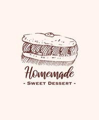 Drawing of pastry products, desserts. Food menu design template, logo. Hand drawn sketch vector illustration.