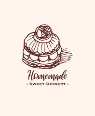 Drawing of pastry products, desserts. Food menu design template, logo. Hand drawn sketch vector illustration.