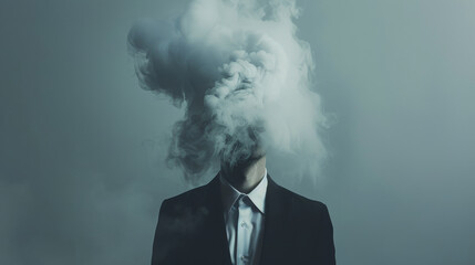 A surreal image of a person in a suit with their head obscured by a cloud of smoke, symbolizing mystery and the unknown.