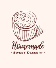Drawing of pastry products, desserts. Food menu design template, logo. Hand drawn sketch vector illustration.