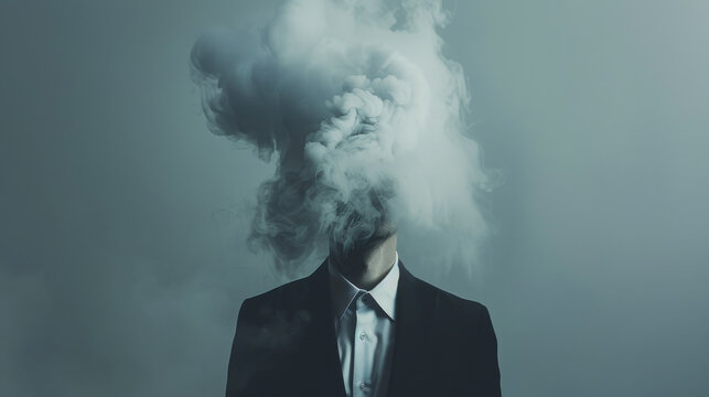 A surreal image of a person in a suit with their head obscured by a cloud of smoke, symbolizing mystery and the unknown. - Powered by Adobe