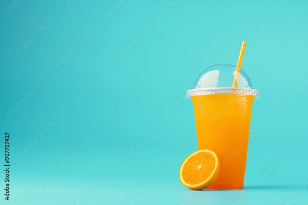 Poster a cup of orange juice with a straw in it and an orange slice on the side. the image has a bright and