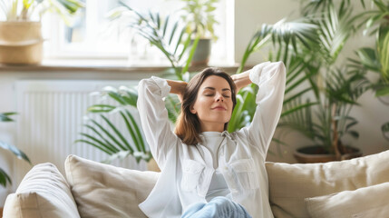 A woman relaxes on a comfortable sofa in a sunlit room full of indoor plants, creating a serene and peaceful environment.