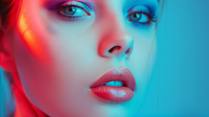 A close-up portrait of a woman with intense eye makeup and saturated colors, featuring a cool blue and warm red contrast illuminating her face.