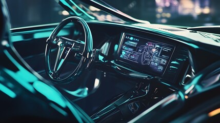 The interior of a futuristic car with a sleek steering wheel and a digital dashboard.