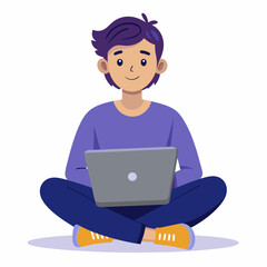 Teenager sitting with laptop art vector illustration