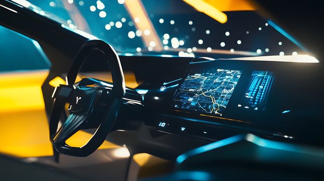 Closeup of the interior of a modern car, showcasing the steering wheel, navigation screen, and futuristic dashboard design.