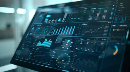 A close-up view of a digital monitor displaying various data analytics dashboards with graphs, charts, and real-time statistics in a modern office.